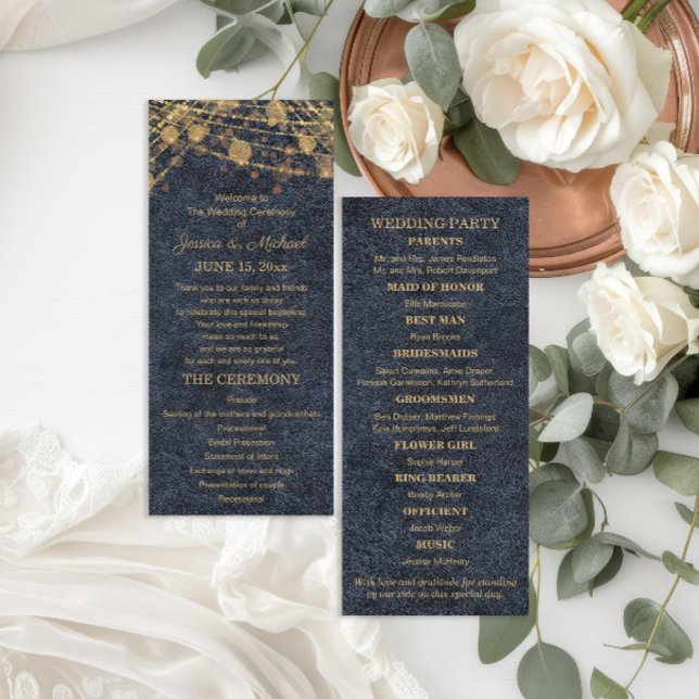 Bröllopsprogrammet Rustic Glam Blue Guld Program (Navy blue and gold string lights rustic glam wedding program)