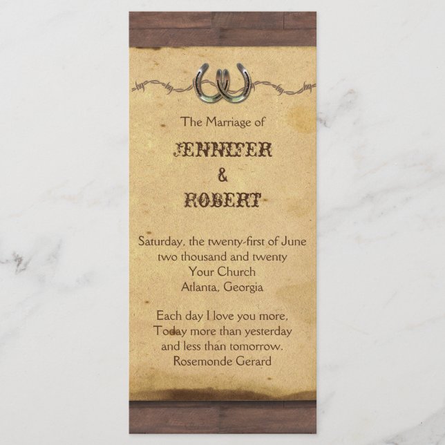 Bröllopsprogrammet Rustic Horseshoes Barbed Wire Program (Framsida)