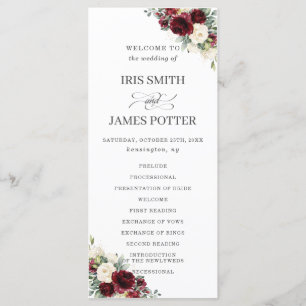 Bröllopsprogrammet Rustic Ivory Burgundy Blommigt Program