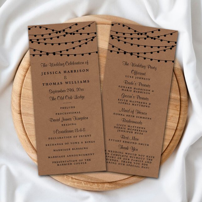 Bröllopsprogrammet Rustic Kraft String Ljus Reklamkort (Skapare uppladdad)