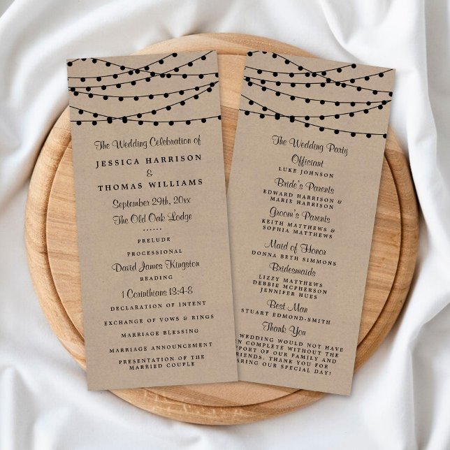 Bröllopsprogrammet Rustic Kraft String Ljus Reklamkort (Skapare uppladdad)