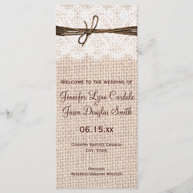 Bröllopsprogrammet Rustic Land Burlap Snöre Twine Program (Framsida)