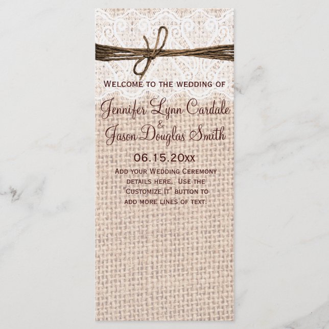 Bröllopsprogrammet Rustic Land Burlap Snöre Twine Program (Framsida)