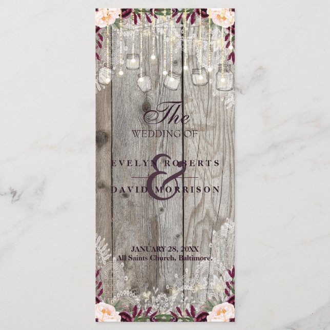 Bröllopsprogrammet Rustic Snöre Burk Wood String L Program (Framsida)