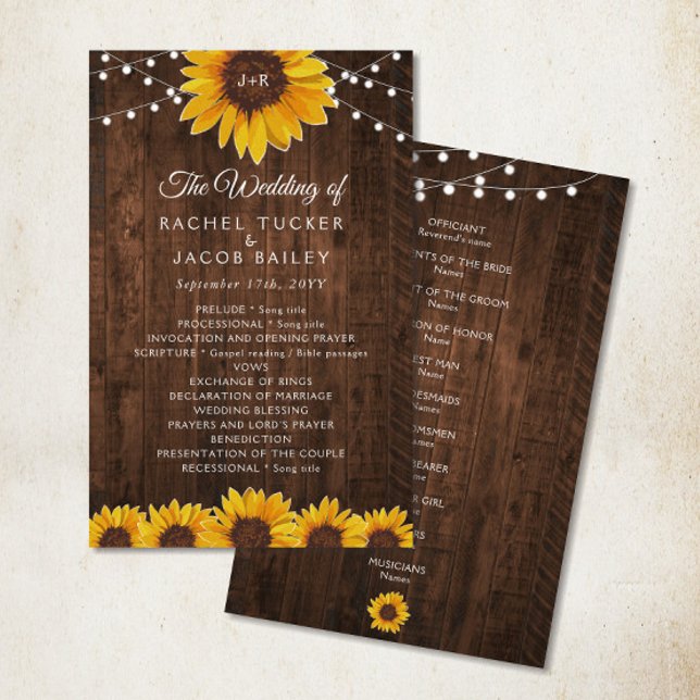 Bröllopsprogrammet Rustic Solros String Ljus (Rustic sunflowers and string lights on wood wedding program)