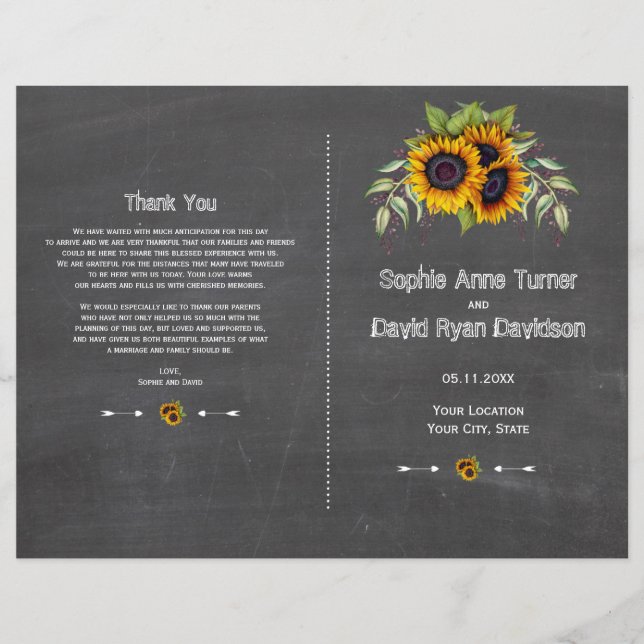 Bröllopsprogrammet Rustic Watercolor Sunblommor Ch Reklamblad (Framsidan)