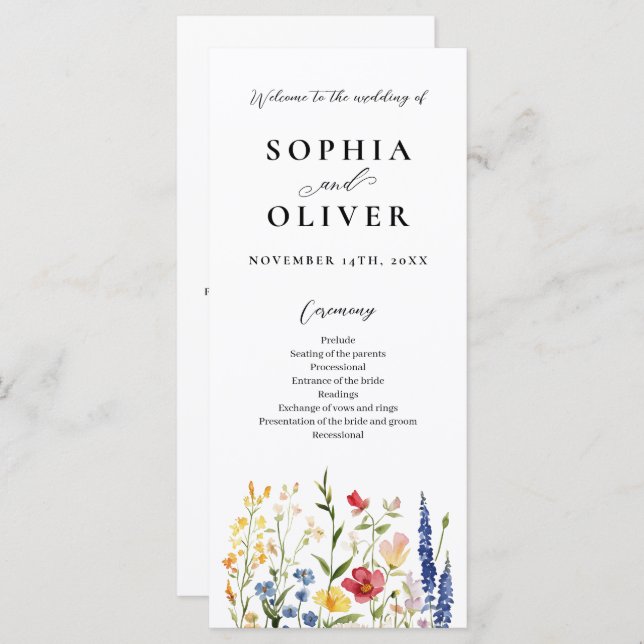 Bröllopsprogrammet Rustic Wildblommor Watercolor (Fram/baksida)