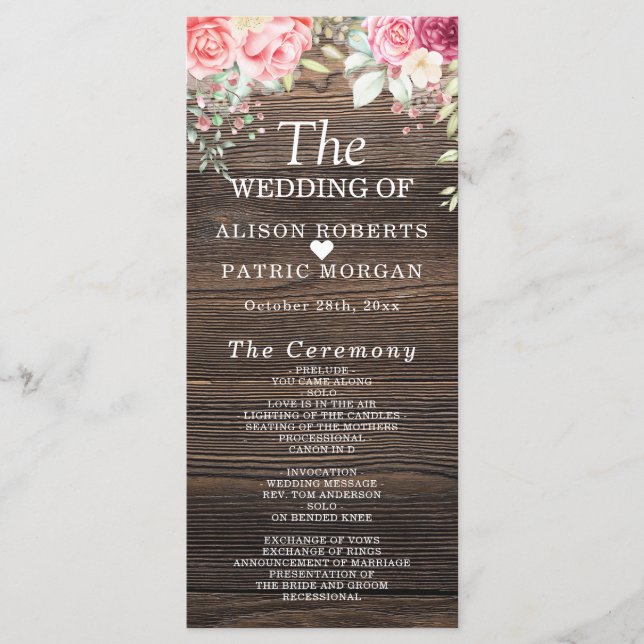 Bröllopsprogrammet Rustic Wood Blommigt String lju Program (Framsida)