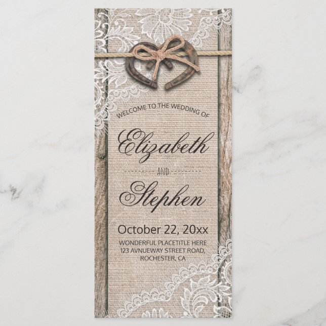 Bröllopsprogrammet Rustic Wood Horseshoes Burlap S Program (Framsida)