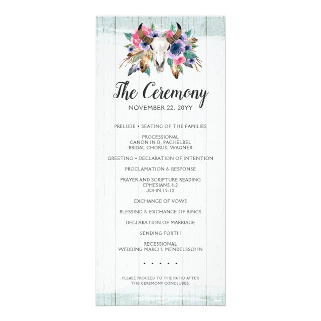Bröllopsprogrammet Rustik Blommigt Cow Skull Boho- Reklamkort (Framsidan)