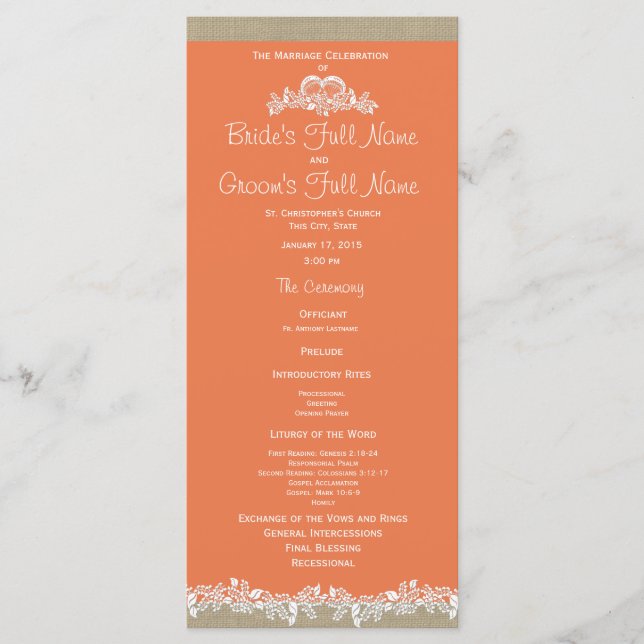 Bröllopsprogrammet Sea Garland Tangerine och Burla Program (Framsida)
