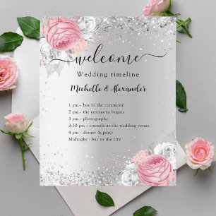 bröllopsprogrammet silver rosa blommor flygblad