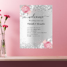 bröllopsprogrammet silver rosa blommor poster