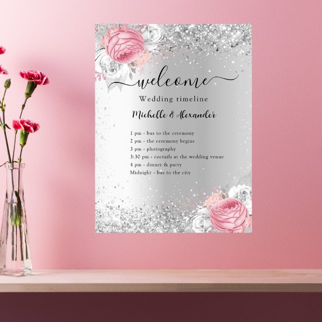 bröllopsprogrammet silver rosa blommor poster (Skapare uppladdad)