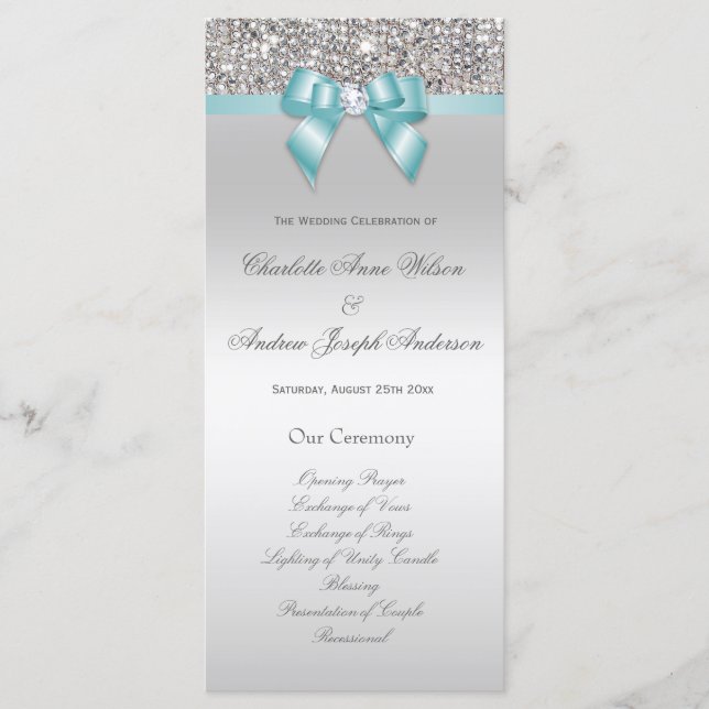 Bröllopsprogrammet silver Sequin Teal Bow Program (Framsida)