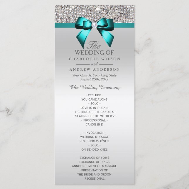 Bröllopsprogrammet silver Sequin Teal Diamond Bow Program (Framsida)