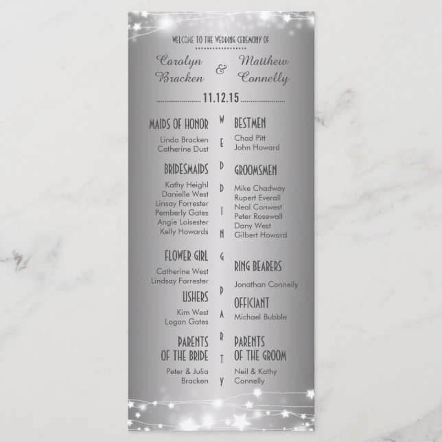 Bröllopsprogrammet Silver, vackert Glowing Stars Program (Framsida)