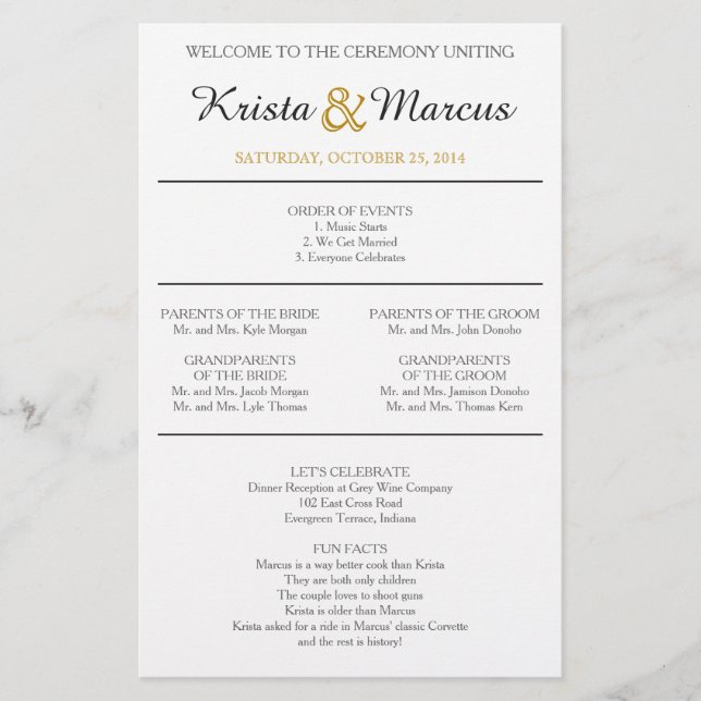 Bröllopsprogrammet Simple Black och Guld Silhouett (Framsida)