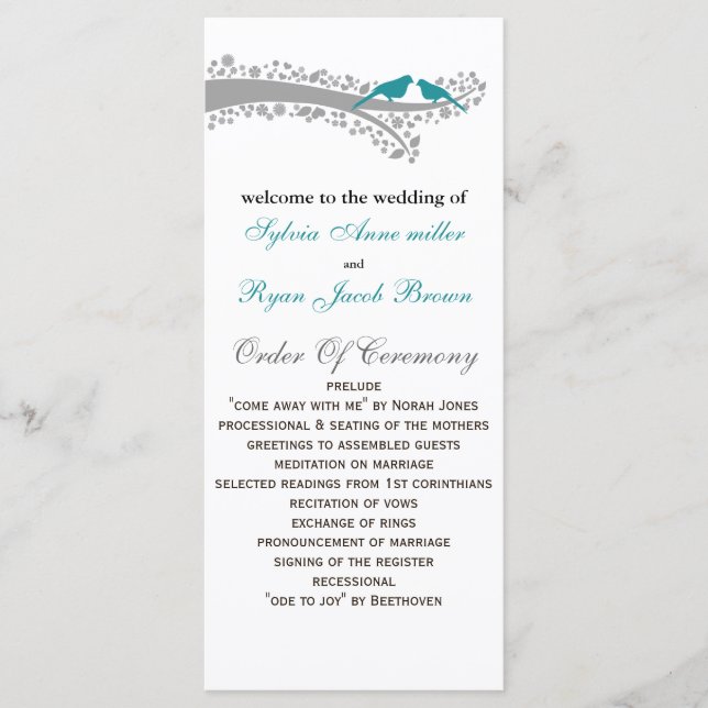 Bröllopsprogrammet stollig träd (blåblåa fåglar) program (Framsida)