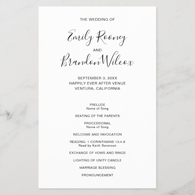 Bröllopsprogrammet Svarta och vita moderna budgeta Flygblad (Framsidan)
