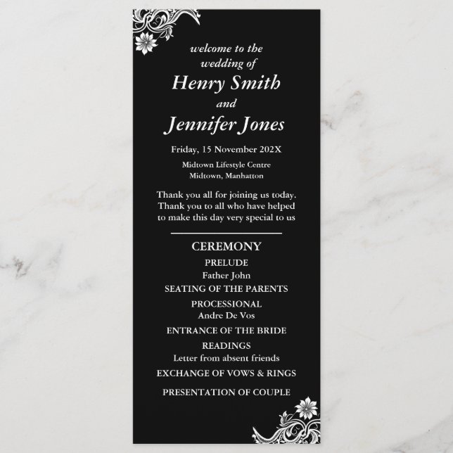 Bröllopsprogrammet Svarta och vita Snöre Program (Framsida)