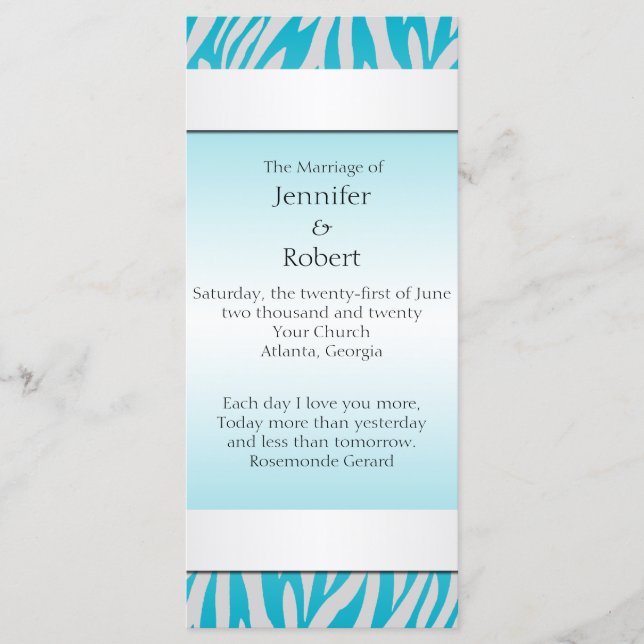 Bröllopsprogrammet Teal and White Zebra Diamond Program (Framsida)