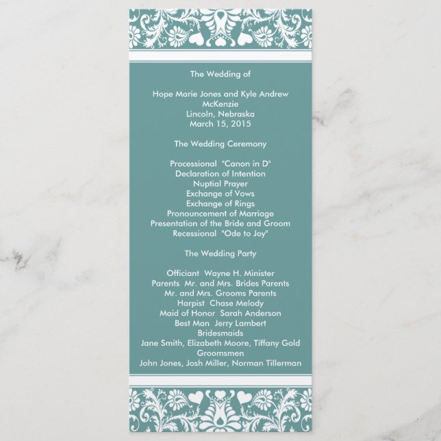 Bröllopsprogrammet Teal Aqua Blue Damask Swirls Program (Framsida)