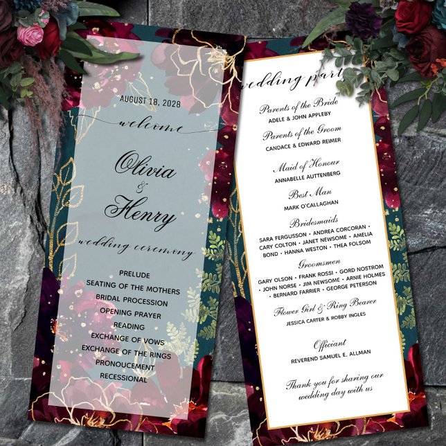 Bröllopsprogrammet Teal Bordeaux Jewel Tones Meny (Teal Bordeaux Jewel Tone Wedding Program double-sided)