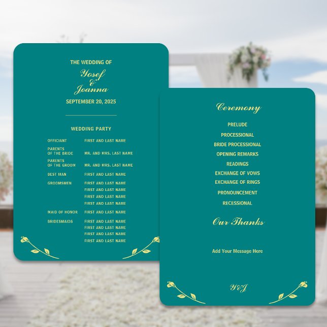 Bröllopsprogrammet Teal Ro Fullt Inbjudningar (Create full wedding programs in beautiful teal and gold color)