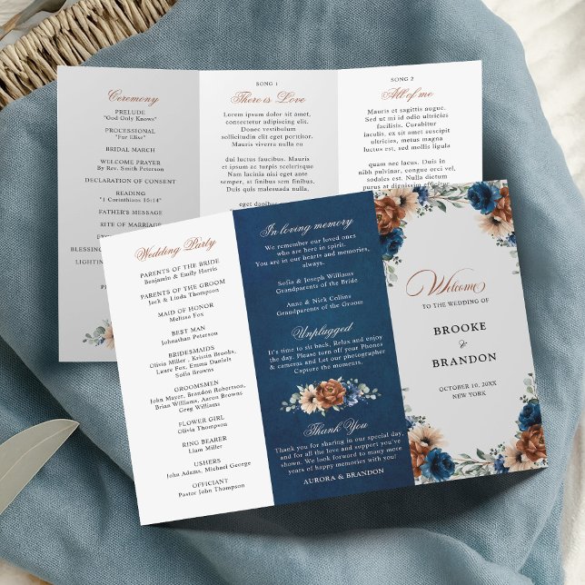Bröllopsprogrammet Terracotta Navy Blue Greenery (Terracotta Navy Blue Greenery Wedding  Tri fold Program)