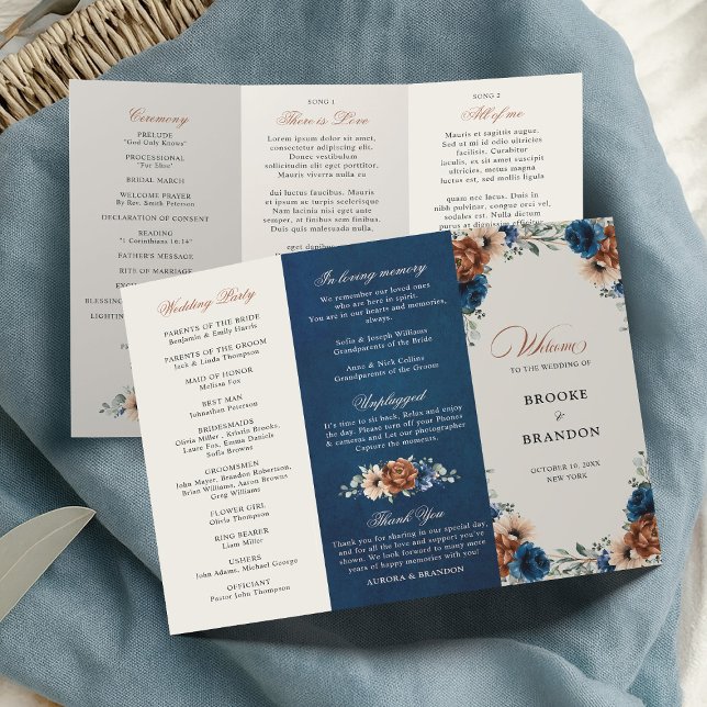 Bröllopsprogrammet Terracotta Navy Blue Greenery (Terracotta Navy Blue Greenery Wedding tri-fold Program card)