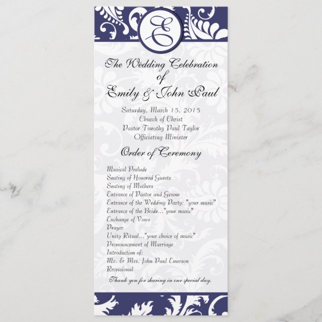 Bröllopsprogrammet Tunga Damask Swirls Program (Framsida)