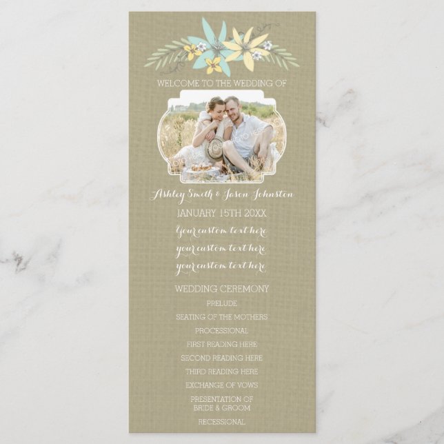Bröllopsprogrammet vår blommor & Burlap Photo Program (Framsida)