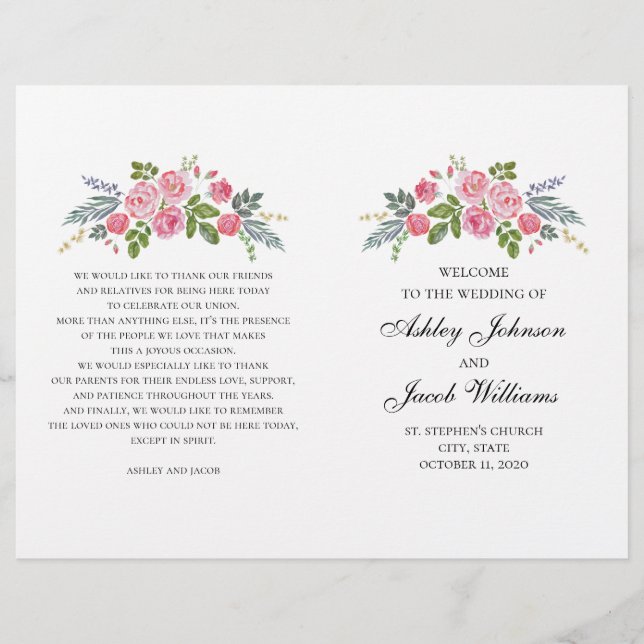 Bröllopsprogrammet viks. Rosa ros. Trädblommor (Framsida)