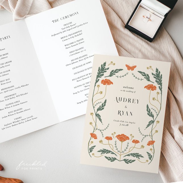 Bröllopsprogrammet vintage Blommigt med vikt Program (Vintage Floral Folded Wedding Program)