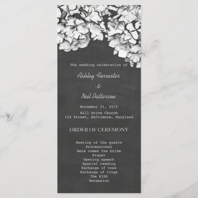 Bröllopsprogrammet vintage Chalkboard Hydrangeas Program (Framsida)