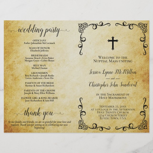 Bröllopsprogrammet vintage Parchment Heliga matris (Framsida)