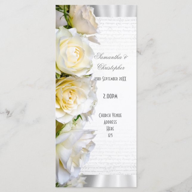 bröllopsprogrammet vit ros blommigt kyrka program (Framsida)