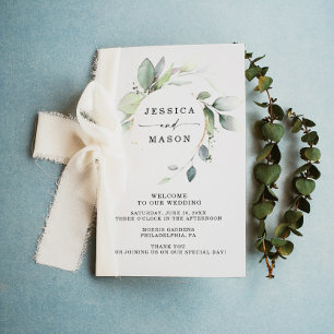 Bröllopsprogrammet Watercolor Greenery Guld Folded Reklamblad