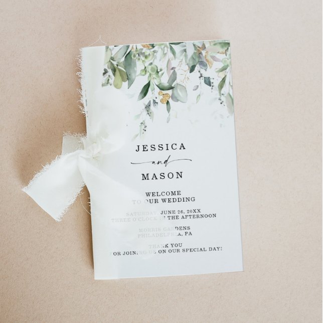 Bröllopsprogrammet Watercolor Greenery Guld Folded Reklamblad (Skapare uppladdad)