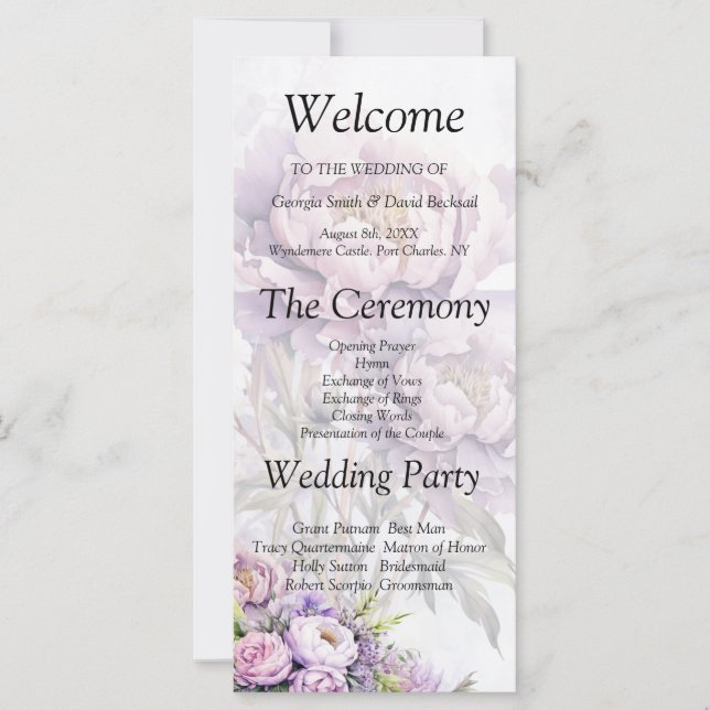 Bröllopsprogrammet Watercolor Lavender Peony (Framsida)