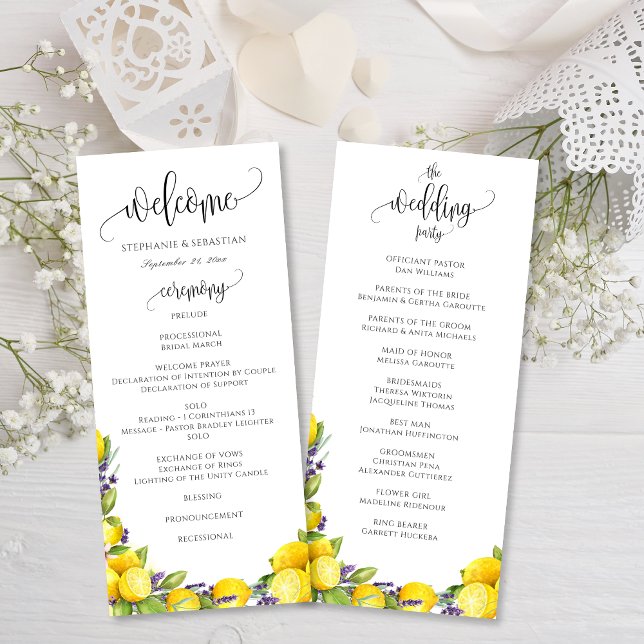 Bröllopsprogrammet Watercolor Lemon Lavender Boho (Watercolor Lemon Lavender Boho Wedding Program)