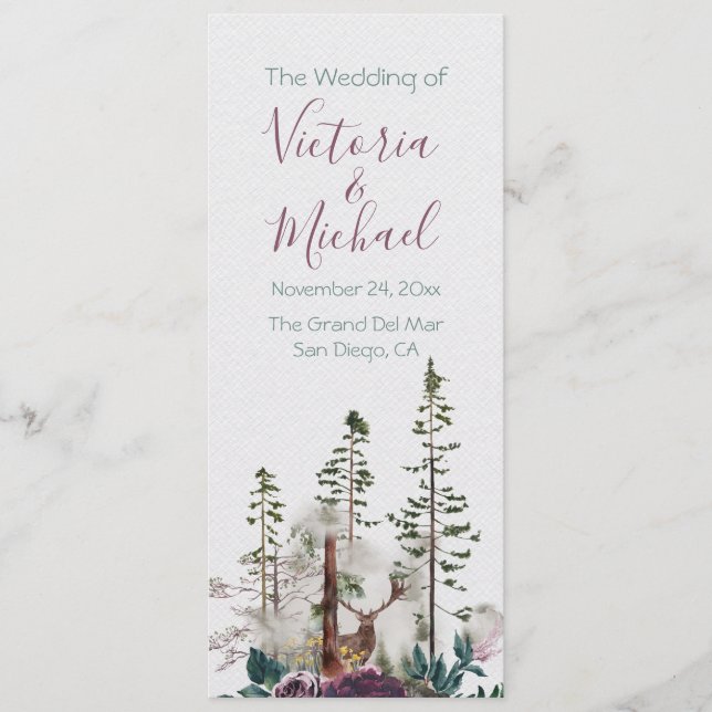 Bröllopsprogrammet Watercolor Woodland Forest Program (Framsida)