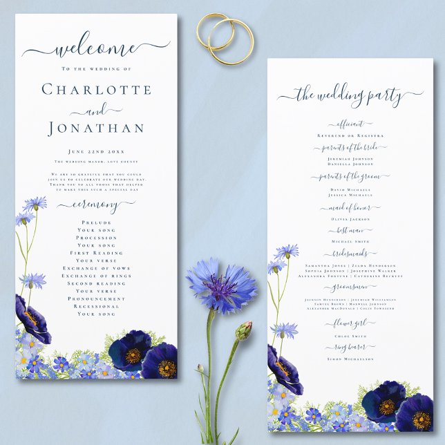 Bröllopsprogrammet WildblommBlue Boho Meny (Elegant blue wildflower summer floral day of the wedding programme with stylish typography script )