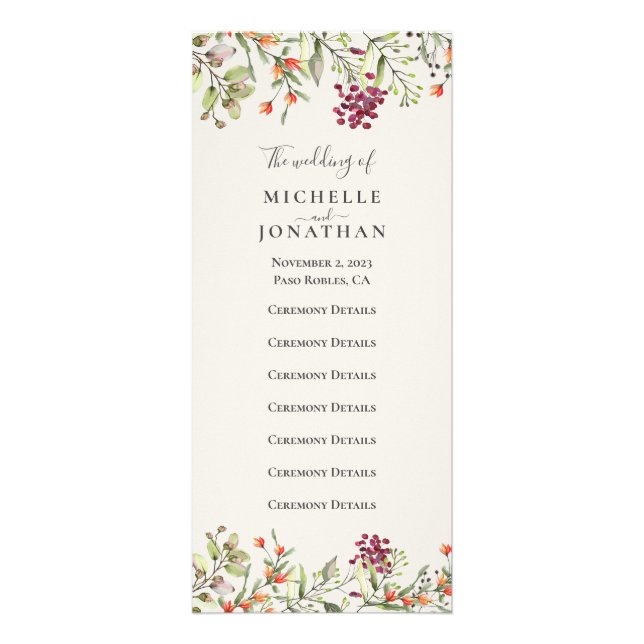 Bröllopsprogrammet Wildblomme Meadow Ecru Reklamkort (Framsidan)