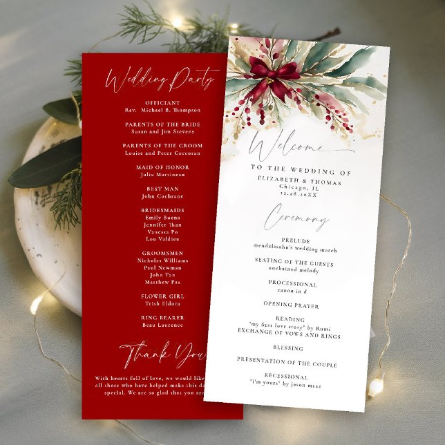 Bröllopsprogrammet Winter Greenery jul Red Bow (winter wedding program christmas bow greenery berries watercolor elegant calligraphy)