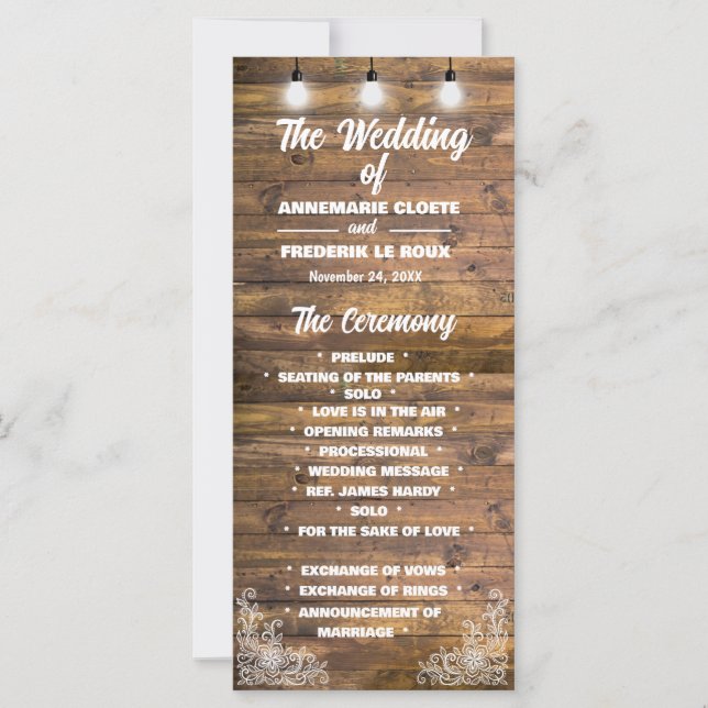 Bröllopsprogrammet Wood Rustic Snöre (Framsida)