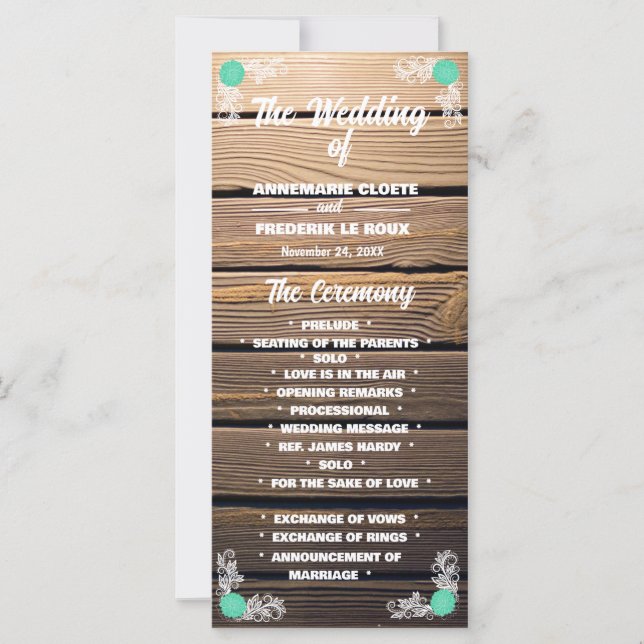 Bröllopsprogrammet Wood Rustic Snöre (Framsida)