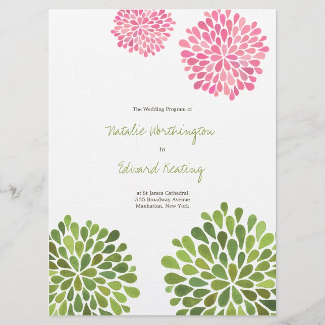 Bröllopsprogrammets Grönt för Rosa  blommor Program (Framsida)