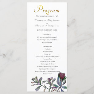 Bröllopsprogrammets tropiska löv guld-manus-blommi program